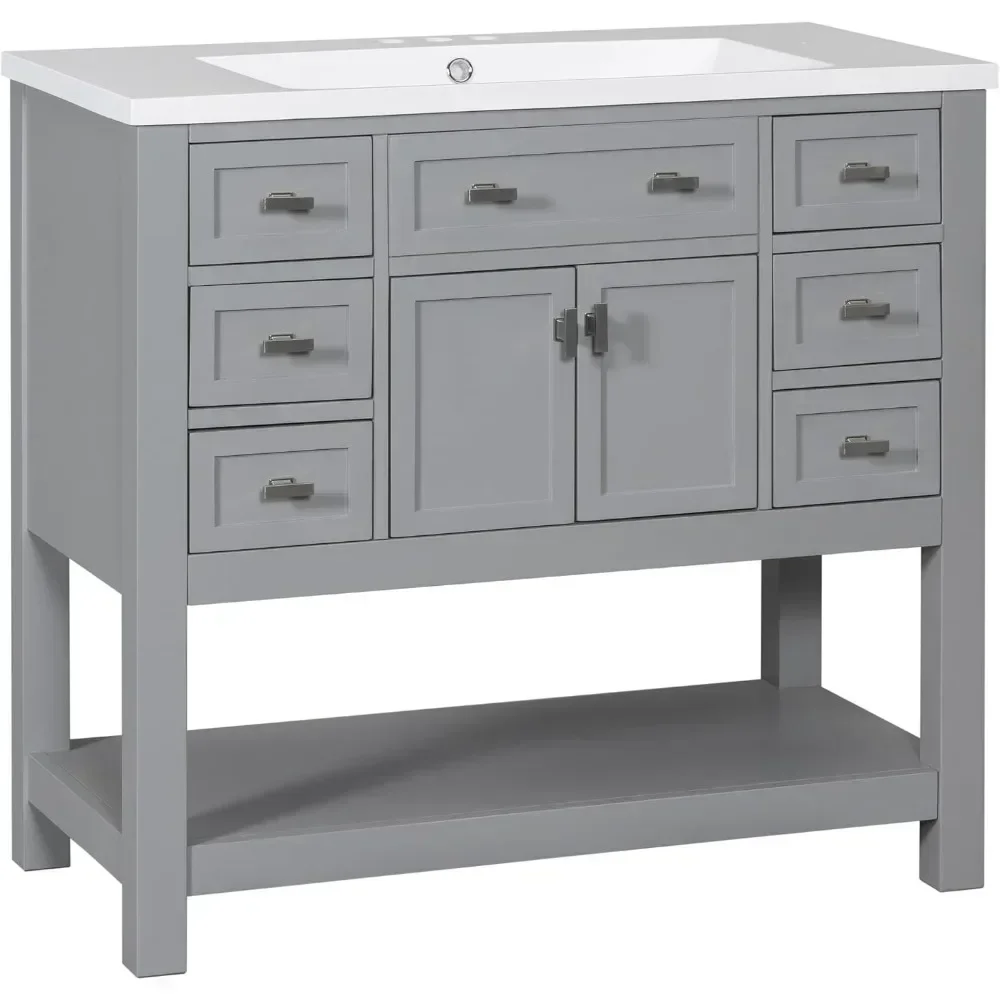 36'' Bathroom Vanity, Modern Bathroom Sink Cabinet Opening Shelf, Solid Wood Frame Vanities (Grey)