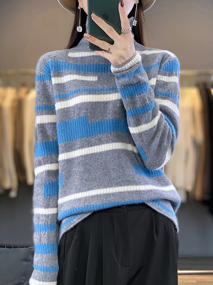 

Addonee Women's Turtleneck Sweater Autumn Winter High Quality 100% Merino Wool Striped Vintage Pullover Cashmere Knitwear Tops