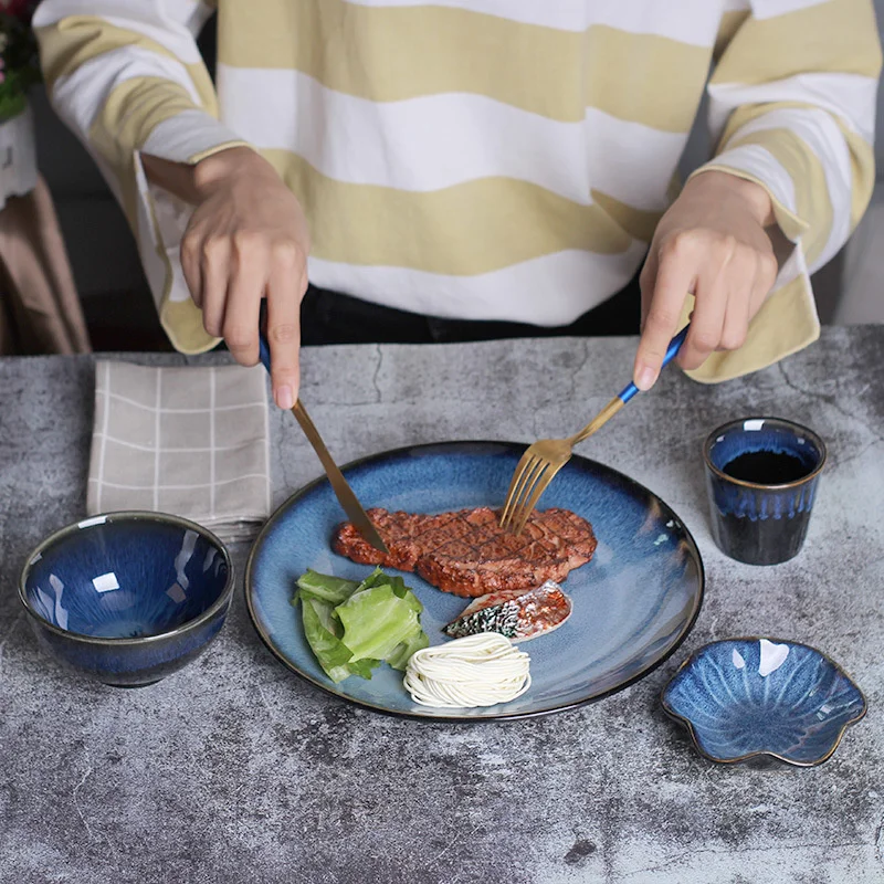 Japanese Blue Kiln Glazed Ceramic Soup Bowl Rice Bowl Dinner Plate Water Cup Tableware For Home Restaurant