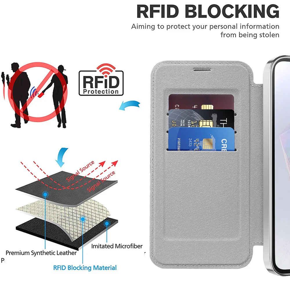 Luxury Flip Leather Magnetic Phone Case with Card Clip and Plating Clear Wallet Cover