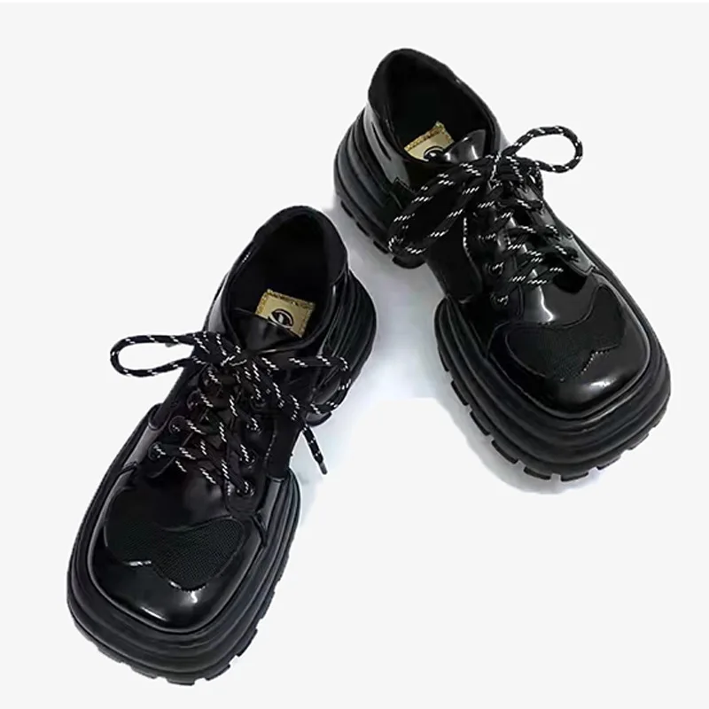 

Autumn winter plush square toe thick sole leather shoes women academic style retro Campus Chic big toe shoes
