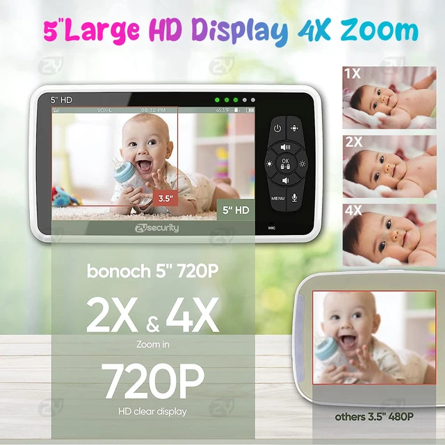 5 Inch Baby Monitor with 2 Cameras Split Screen PTZ Nanny Camera Intercom HD Night View Baby Phone 22H Battery Video Babysitter 2