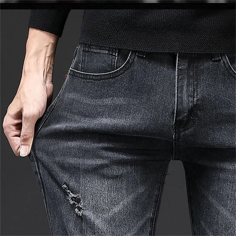 EH·MD® Summer Black Ripped Jeans Men's Simple High Elastic Small Feet Slim Fit Cotton Comfortable Breathable Scraped Metal New22