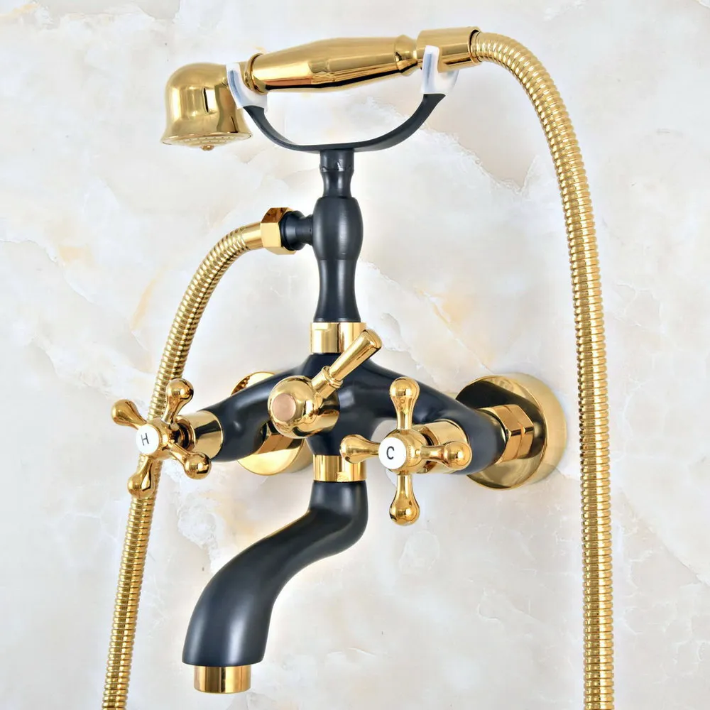 

Polished Gold & Black Oil Rubbed Brass Wall Mount Bathroom Tub Faucet Set WITH/ 1.5M Handheld Shower Spray Head Mixer Tap Dna408