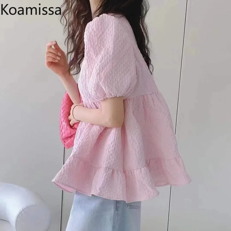 

Koamissa Sweet Women Solid Blouse Ruffled Korean Blouse Puff Short Sleeves O Neck Lady Fashion Blusas Dropship Outwear Tops