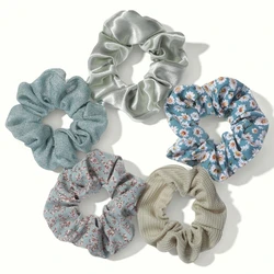 Floral & Leopard Print Hair Scrunchies Set - Pack of 5, No - Crease Elastic Ponytail Holders in Pink & Purple (H - 016 - 5PCS)