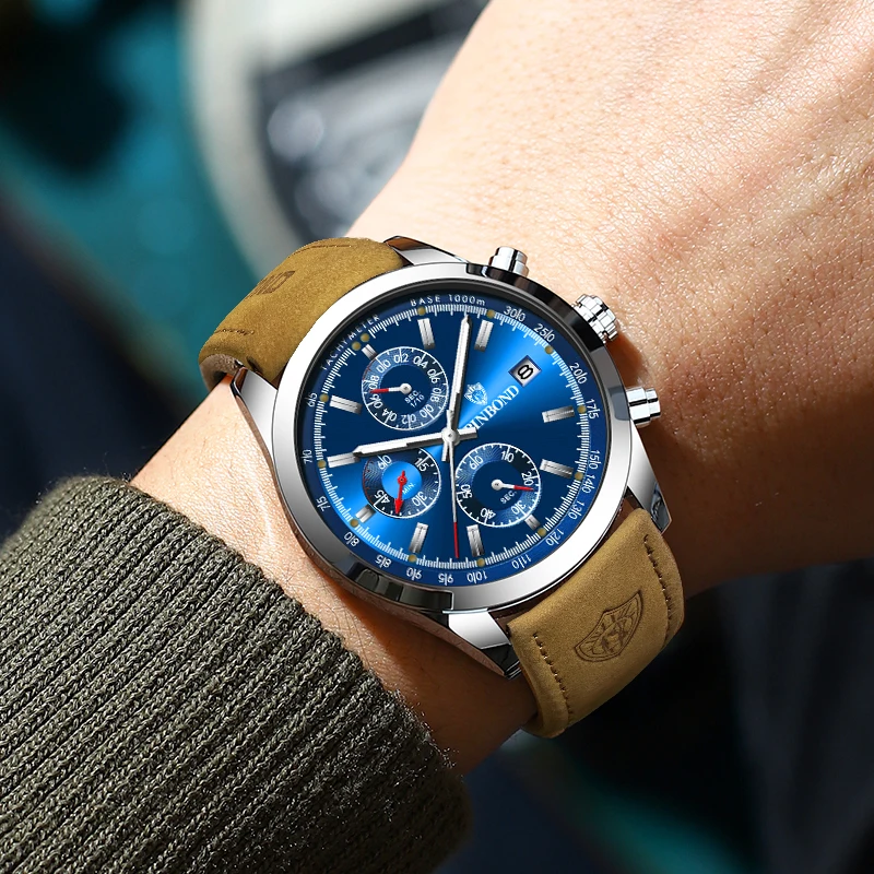 2024 New Fashion Man Watch High Quality Waterproof Chronograph Luminous Men's Wristwatch Leather Men Quartz Watches Casual Clock