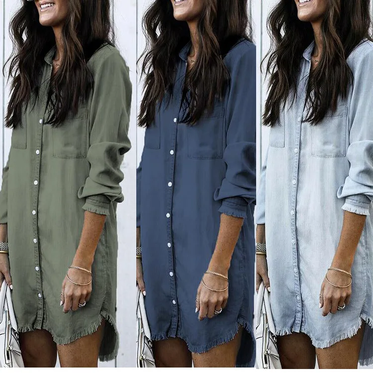 

Women's Fashion Hem Cuffs Fringe Denim Pockets Single Row Button Shirt Dresses