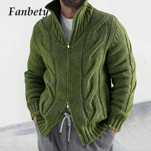Осенне-зимний мужской вязаный свитер, Повседневная плотная водолазка на молнии, твист, кардиган, Мужская одежда 1
