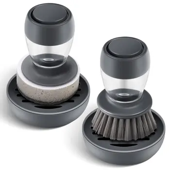 Leeseph Set of 2 Dish Brush with Soap Dispenser, Kitchen Dish Scrubbers Set with Draining Tray for Washing Dishes/Pots 1