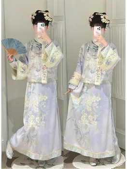 A purple Hanfu female workwoman's full-embroidered gauze waistcoat with printed traditional Chinese style suit