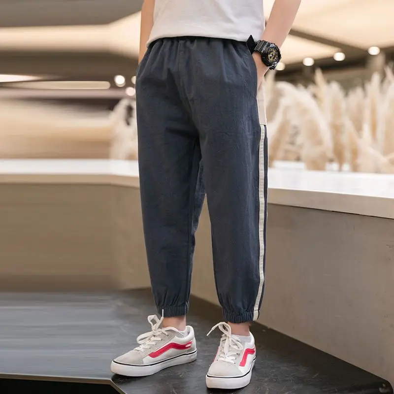 2023 Summer New Boys Clothing Contrasting Colors Spliced Pocket Elastic Waist Casual Korean Version Cotton Loose Ninth Pants