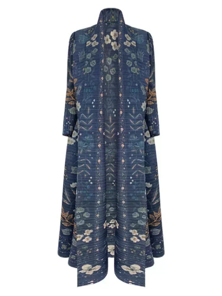 

Miyake Original Pleated Turn-down Collar Long Sleeve Long Jacket Women 2023 New Vintage Printed Design Plus Size Coats Clothing