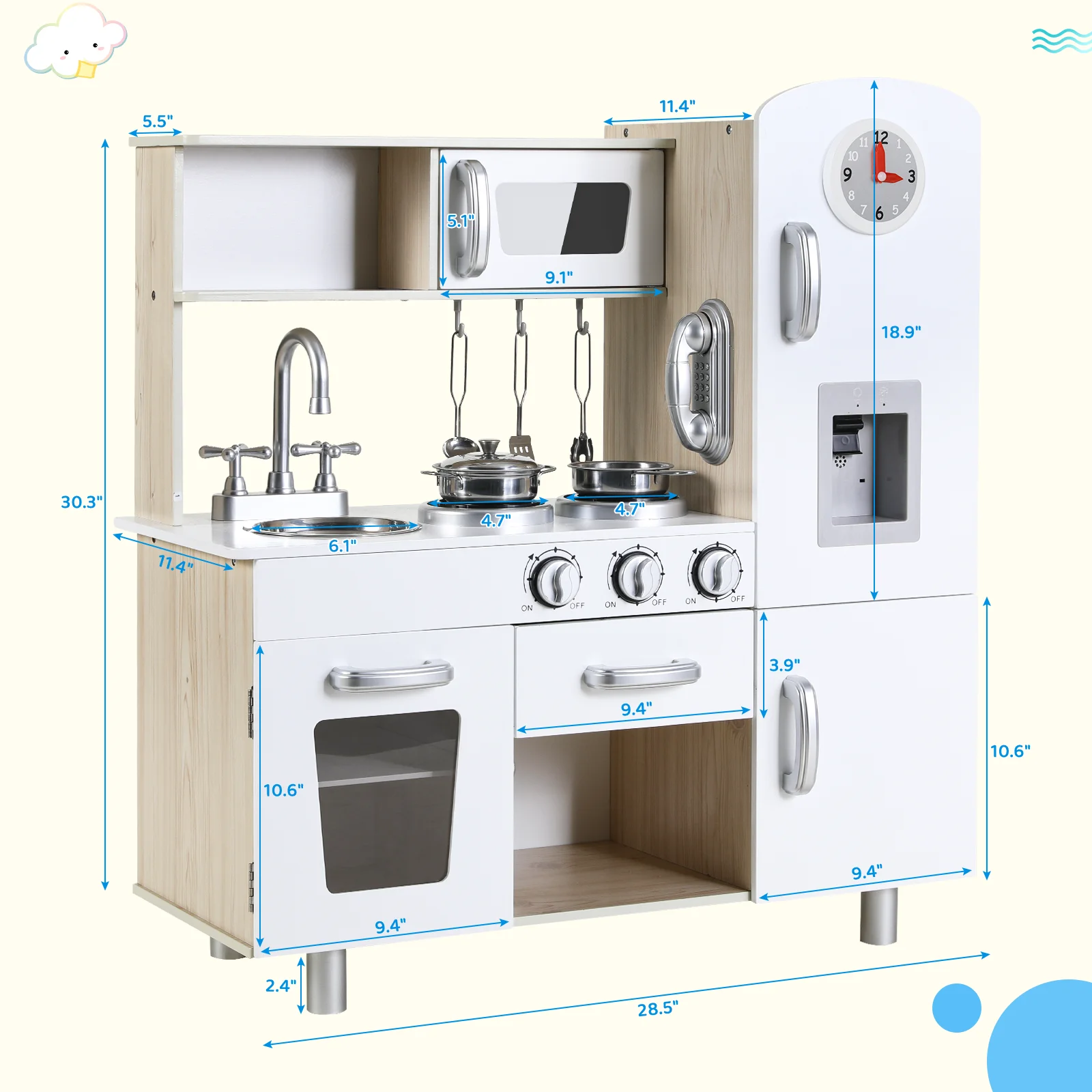 Kids Kitchen Playset, Preschool Cooking Kitchen, Toddler Wooden Pretend Play Toy w/Fridge, Stove, Cookware Utensil 3