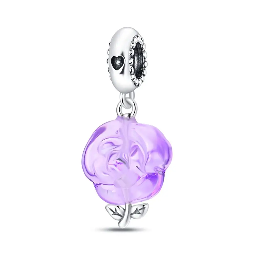 

French Romantic 925 Sterling Silver Purple Rose Glazed Dangle Charm Fit Pandora Bracelet Elegant Women's Jewelry