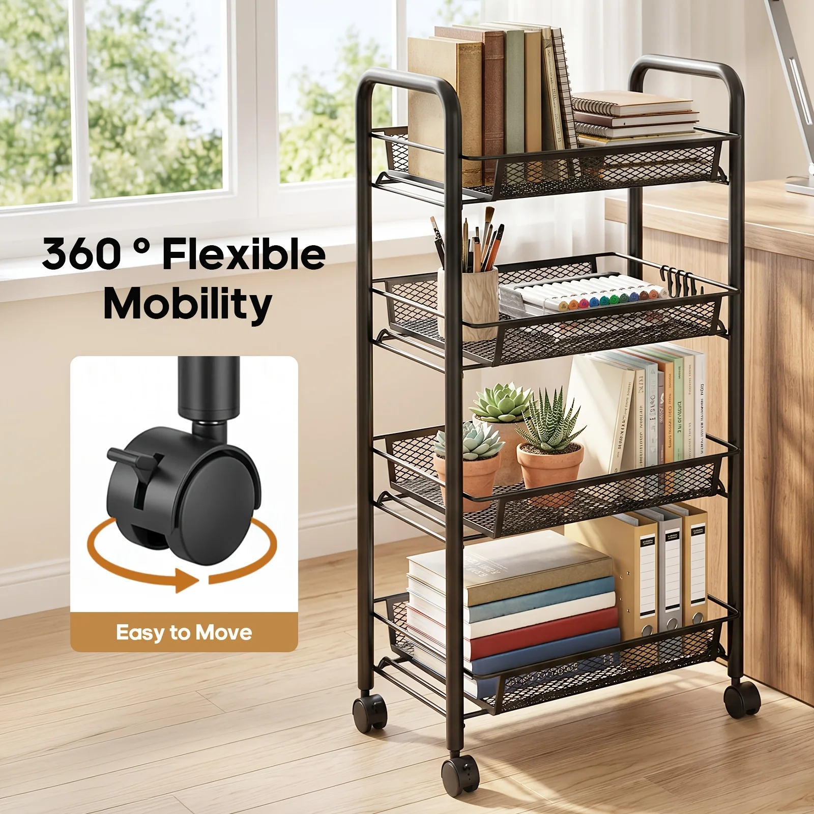 3/4/5Tier Mesh Wire Rolling Cart, Kitchen Storage Organizer Utility Cart Full Metal Basket Storage Art Trolley Carts With Wheels