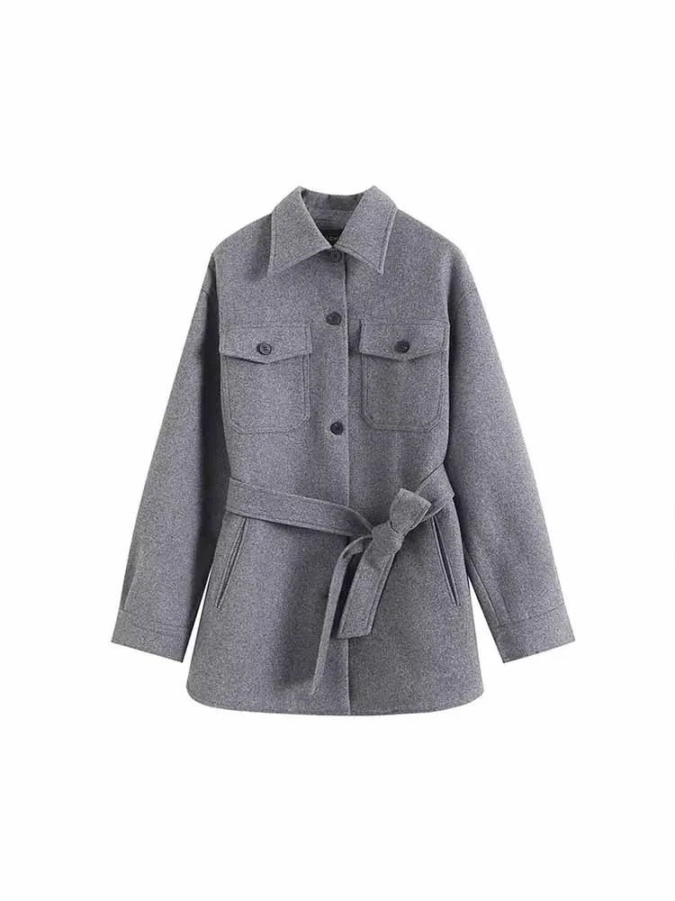 

Women New Fashion With belt Commuting style wool blend Shirt style Coat Vintage Long Sleeve Button-up Female Outerwear Chic Tops