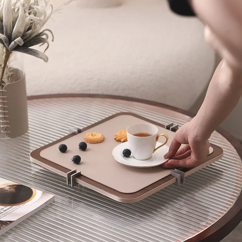 Nordic Creative Horsehair Tray Modern Simple Round Square Walnut Leather Tray Creative Home Furnishings Model Rooms Decorations 2