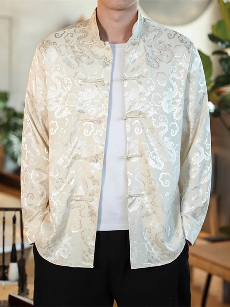 Camisas de seda con cuello mandarín de satén blanco para hombre, camisa de vestir china con cuello, talla grande con dragón rojo, ropa de Año Nuevo de gran tamaño