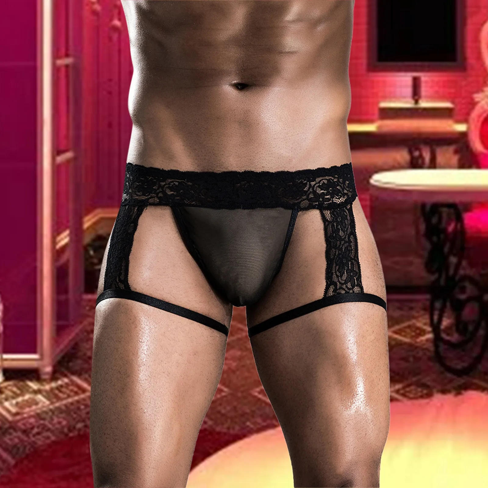 

Мужские сексуальные кружевные трусы-боксеры с подвязками, черные прозрачные шорты, нижнее белье с заниженной талией, U-выпуклые трусы для геев, сексуальное нижнее белье