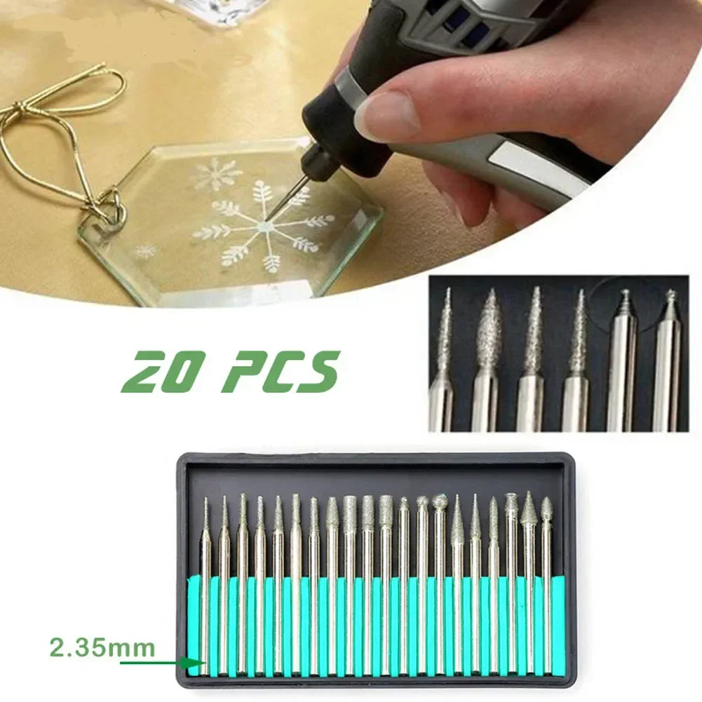 20 Pcs 3 Millimetri Punta di Diamante Burr Bit Testa Accessori Dremel Shank  Rettifica Ago Intagliare Lucidatura Set Montato Mini Trapano strumento -  AliExpress