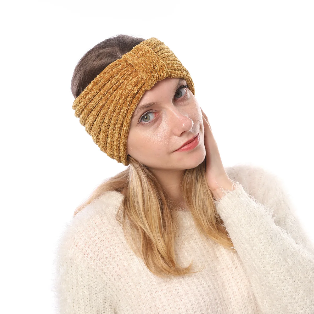 

New Women's Autumn And Winter Chenille Hairband Soft Thick High-elastic Warm Knitted Headband Wool Bowknot Headgear Accessories