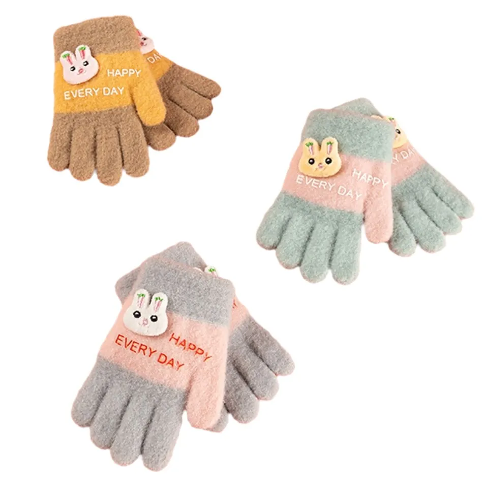 

3-5 Years Girls Gloves Infant Soft Fleece Full Fingers Mittens Baby Happy Every Day Bunny Winter Snow Accessories Children Mitts