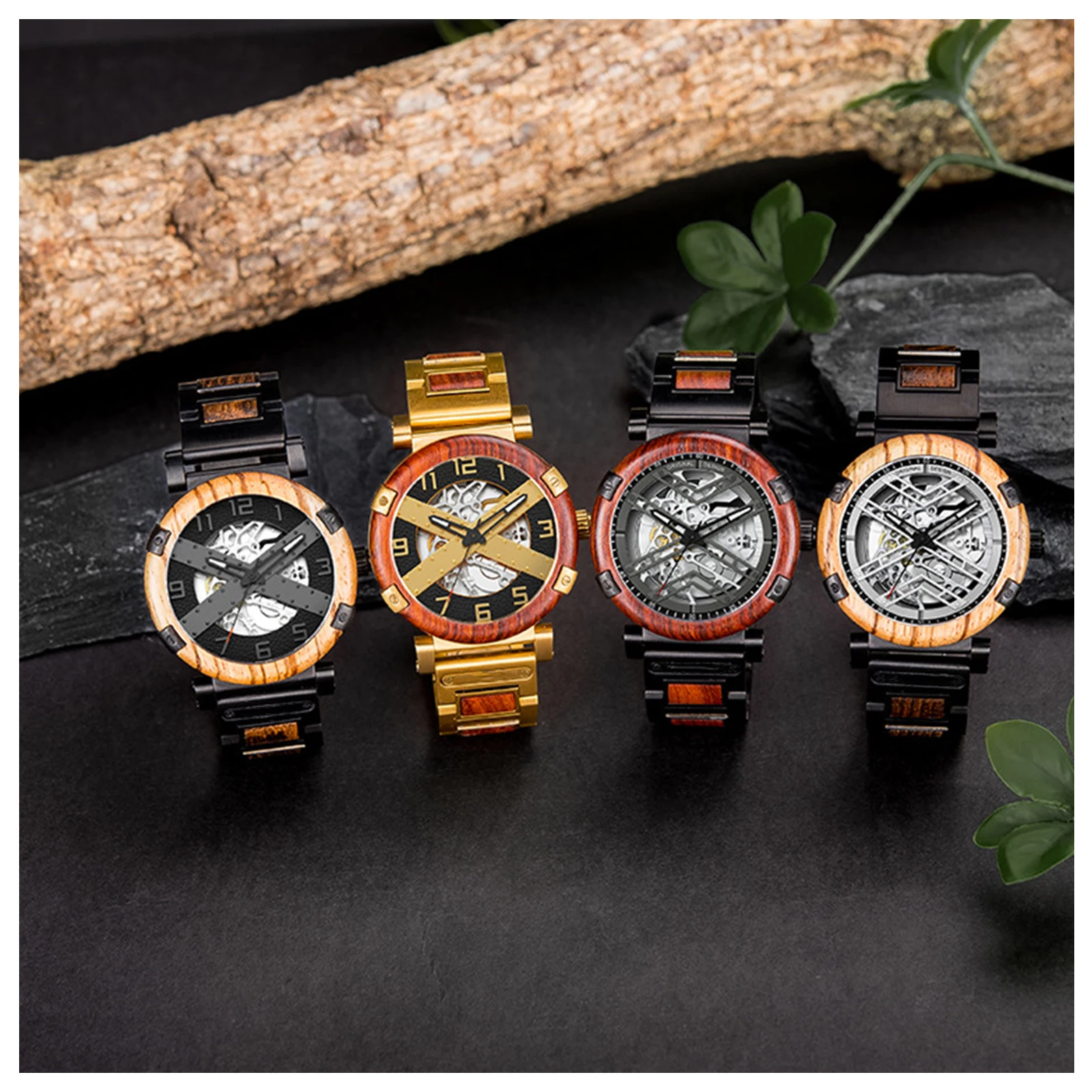 

Men's Wooden Stainless Steel Combined Mechanical Pointer Watch Large Luminous Skeleton Punk Business Watch Personalized Gifts