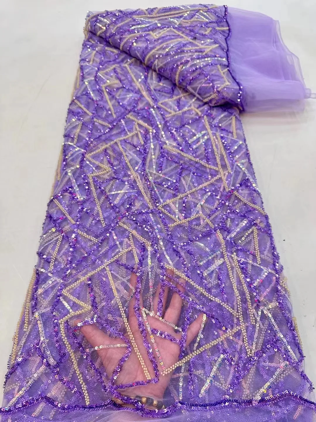 

2022 Peach Nigerian Lace Fabrics Fashion Women African Tull Lace Luxury Handmade Bead sequins Fabrics For Wedding 5Yards