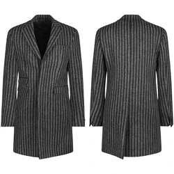 Winter Pinstriped Long Coat For Men Slim Fit Windbreak Woolen Overcoat Business Office Jacket Custom Made