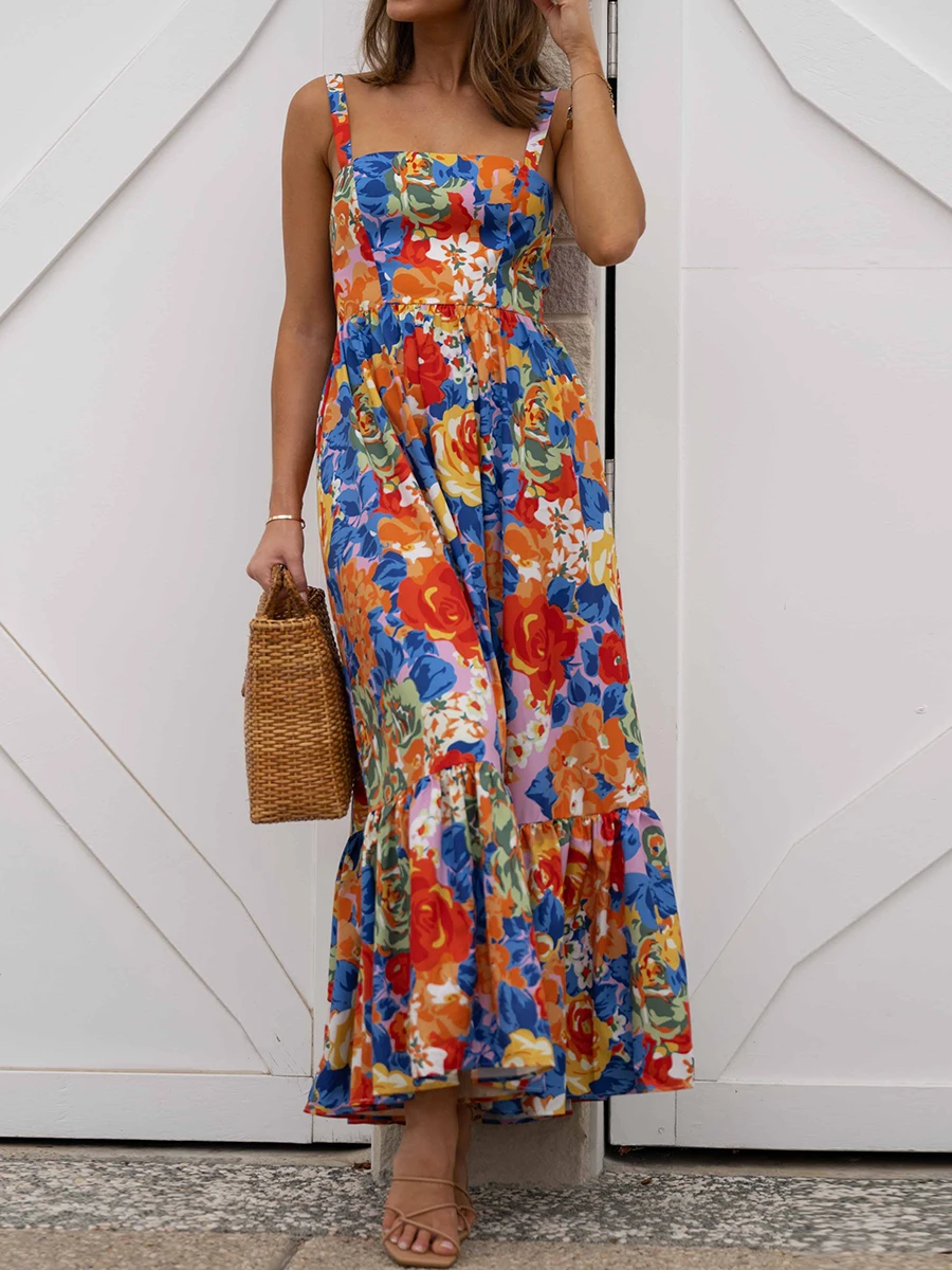 

Женское Цветочное платье без рукавов с оборками на подоле, Летнее Длинное Платье с открытой спиной для коктейля, пляжной уличной одежды