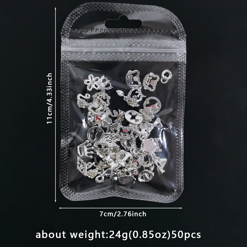 50pcs 혼합 스타일 실버 네일 장식품 3D Aolly 하트/나비/꽃/스타 네일 라인 석 매력 블링 무작위 DIY 네일 장식