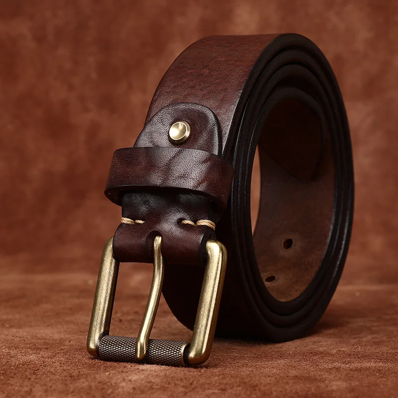 

3.8CM Pure Cowhide High Quality Genuine Leather Belts for Men Thicken Strap Male Brass Buckle Coarse Grain Vintage Jeans Cowboy