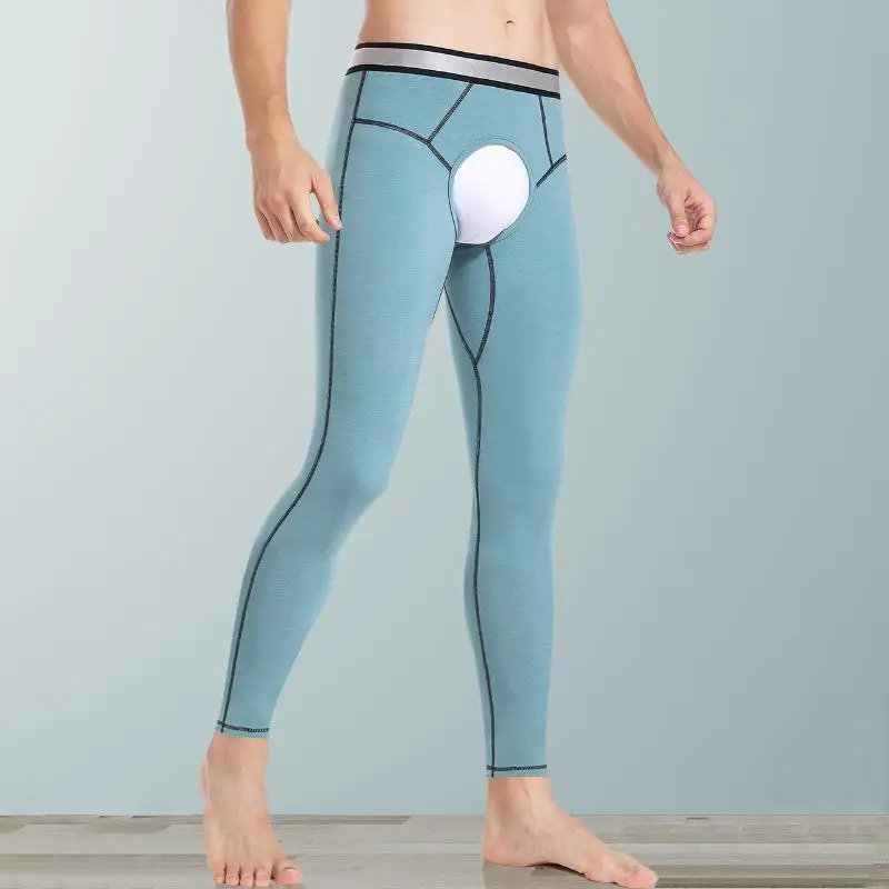 Men's Warm Long Johns with Open Crotch Leggings Winter Fleece Tight Trend Mid-waist Padded Line Trousers Cotton Wool Trousers