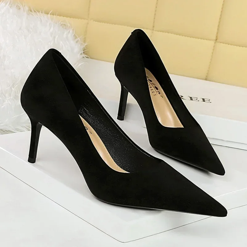 

2024 New Elegant Temperament Simplicity Pumps 7cm Thin High Heels Shallow Pointed Toe Flock Fashion Lady Shoes Big Size 34-43