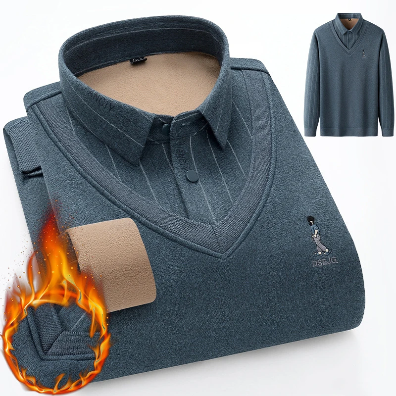 

23-Color Men's Fake Two Piece Wool Knit Sweater Winter New Plus Velvet Warm Shirt Collar Pullover Male Fleece Thick Thermal Tops