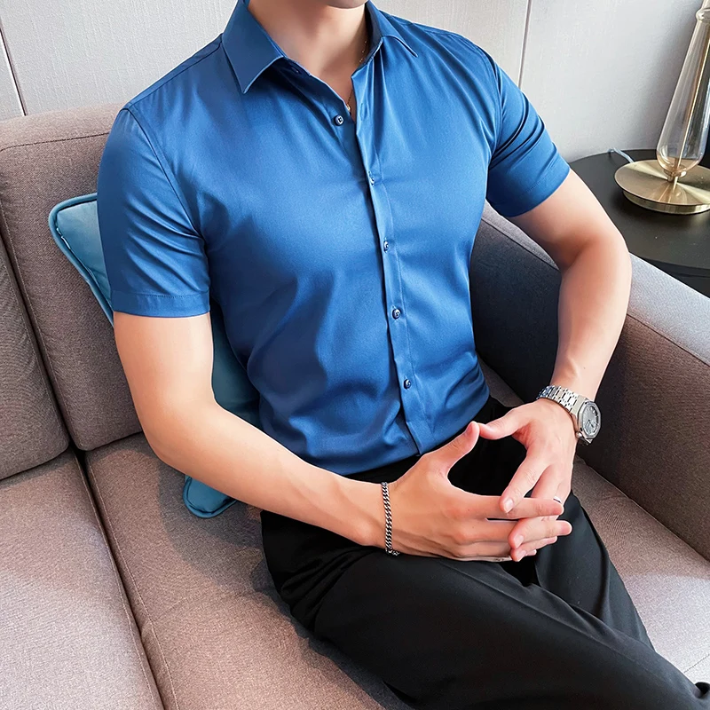 

2022 Brand clothing Men Fashion Casual Short Sleeve Shirt Regular Slim Fit Male Social Business Dress Shirt White Men Blouse