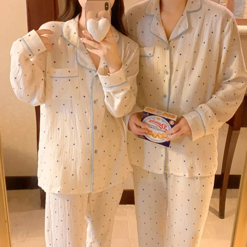 

Autumn Winter Polka Dot Pajama Set for Women 100% Cotton Couple Sleepwear Gauze Long Sleeve Home Clothes Comfortable Soft S364