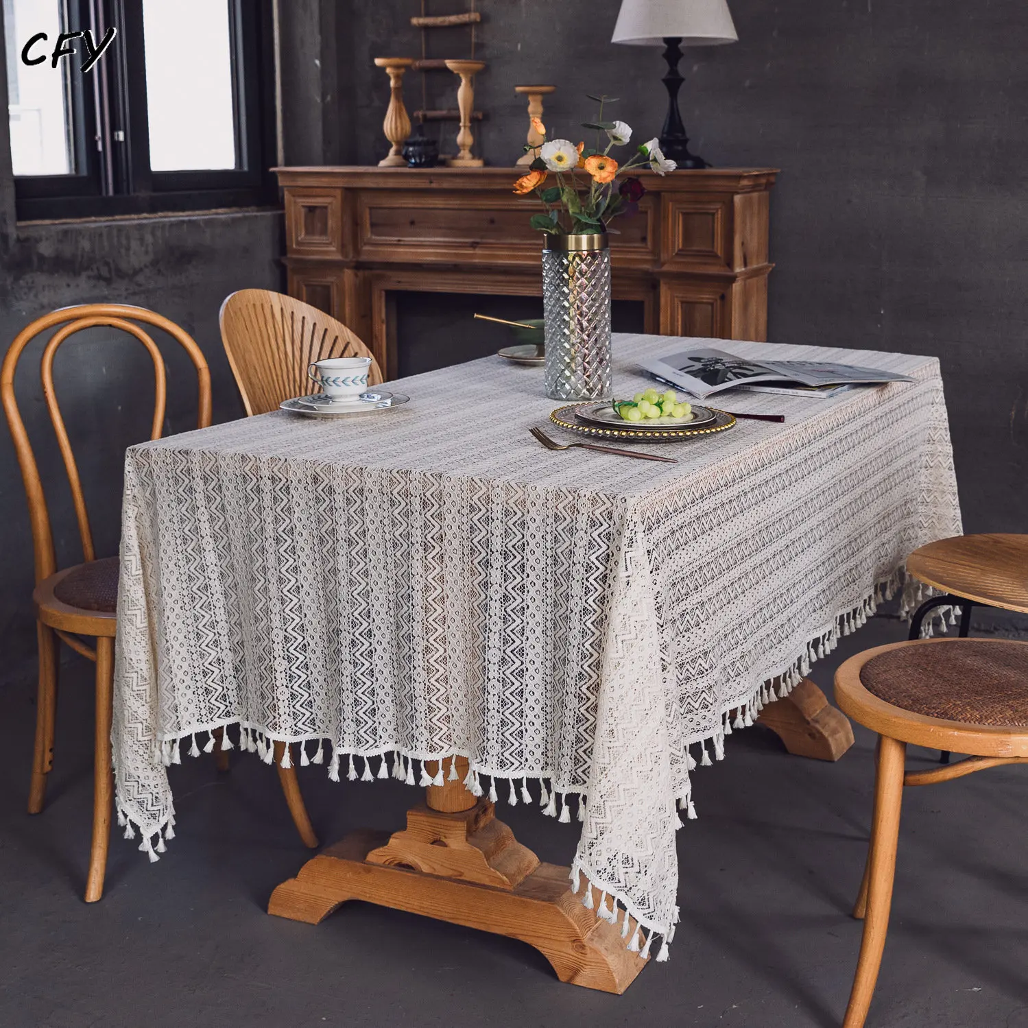 

Cotton Linen American Retro Solid Tablecloth Checkered Knit with Tassels Rectangular Tablecloth Dining Table Cover Tea Cloth