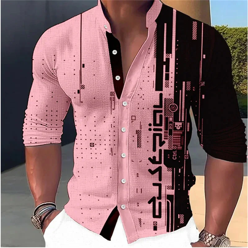 

Мужская Уличная рубашка с геометрическим принтом, розовая уличная дизайнерская рубашка с воротником-стойкой и длинными рукавами, 2024