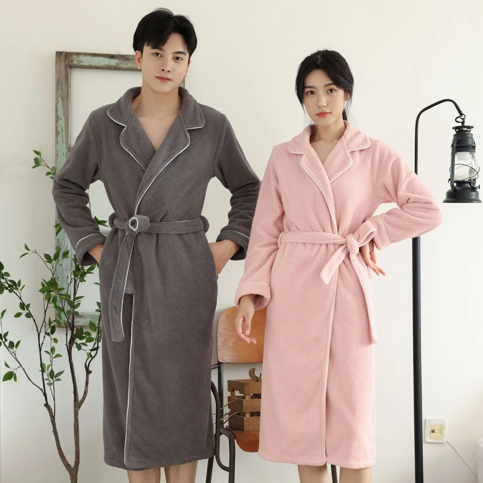 

Sleeping Robe Female Autumn And Winter Thickened Sand Grain Fleece Robe Medium-Length Padded Couples Bathrobe Couples Pajamas Wi
