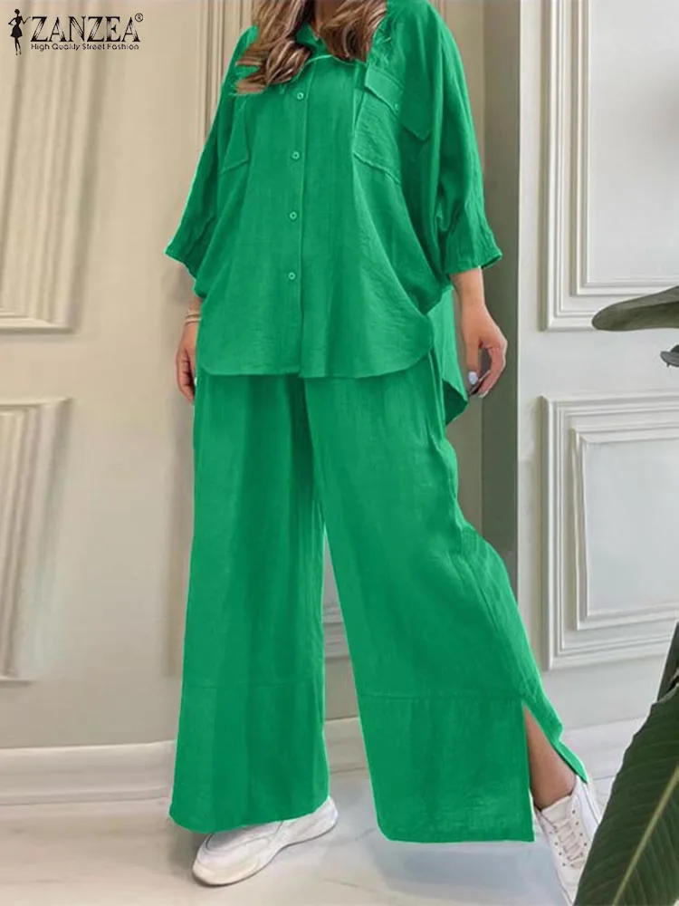 

ZANZEA Women Casual 2PCS Pant Sets 2023 Autmun Solid Tracksuit Fashion Pocket Lapel Collar Shirt Outfit Split Hem Trousers Suits