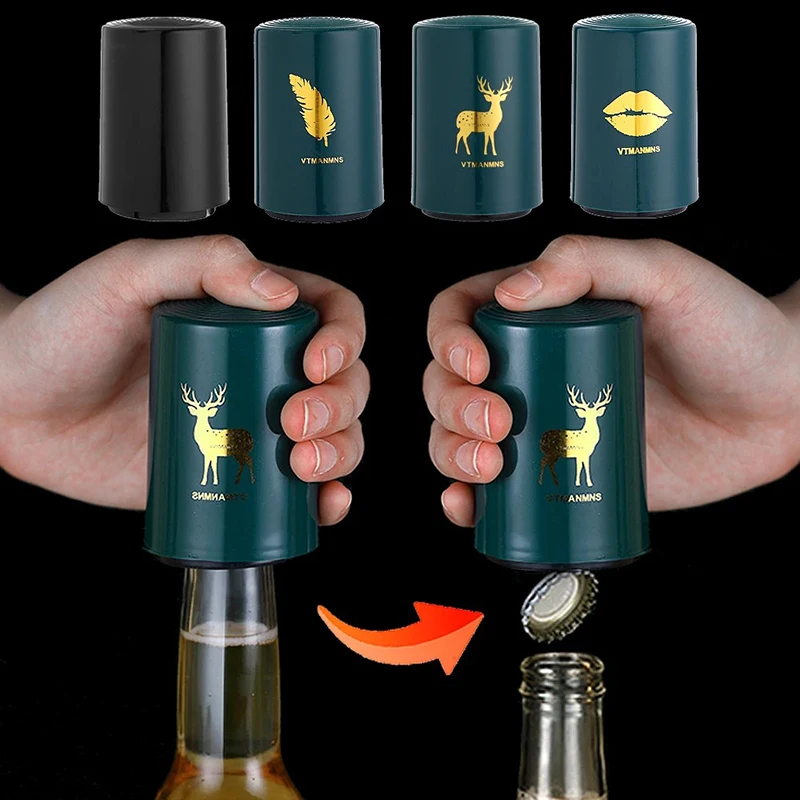 Automatic Bottle Opener Magnetic Stainless Steel Push Down Opener Destapadores de Cerveza, Down-Pop Off Beer Bottle Opener with Magnetic Cap Catcher, Home Bars Kitchen Cool Bartender Tools(red