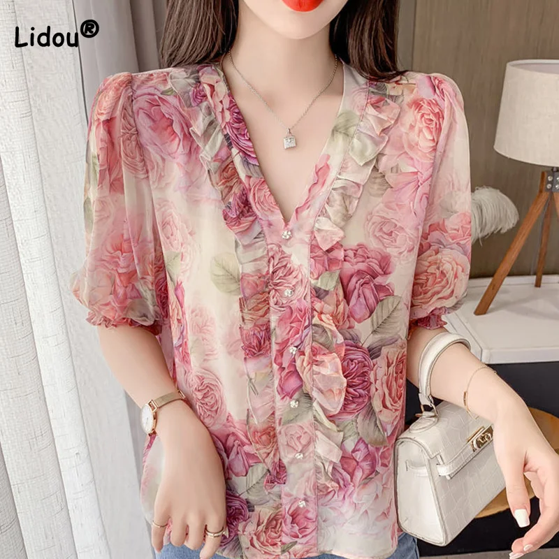 Temperament Sweet V-Neck Ruffles Button Floral Printing Half Sleeve Ice Silk Shirt Summer Clothes for Women Loose Chiffon Tops 2023 summer new casual fashion daily temperament commuting sling style floral print cowl neck layered ruffles romper for women