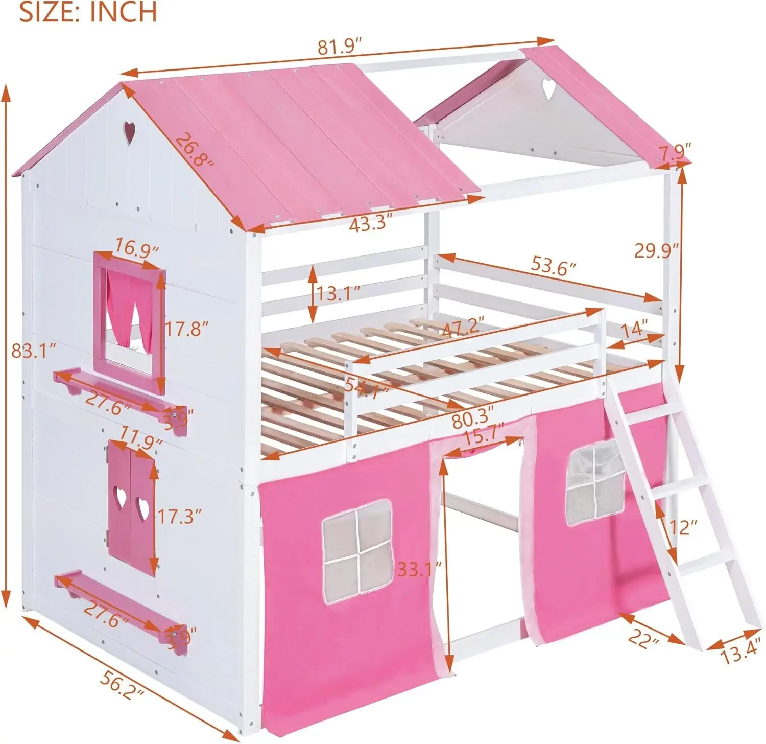 Twin Over Twin Bunk Wood House Bed with Elegant Windows, Sills and Tent, Pink+White 2025 Christmas gifts 2