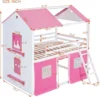 Twin Over Twin Bunk Wood House Bed with Elegant Windows, Sills and Tent, Pink+White 2025 Christmas gifts 2