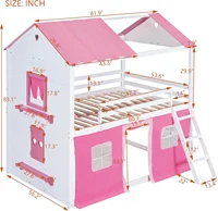 Twin Over Twin Bunk Wood House Bed with Elegant Windows, Sills and Tent, Pink+White 2025 Christmas gifts 2