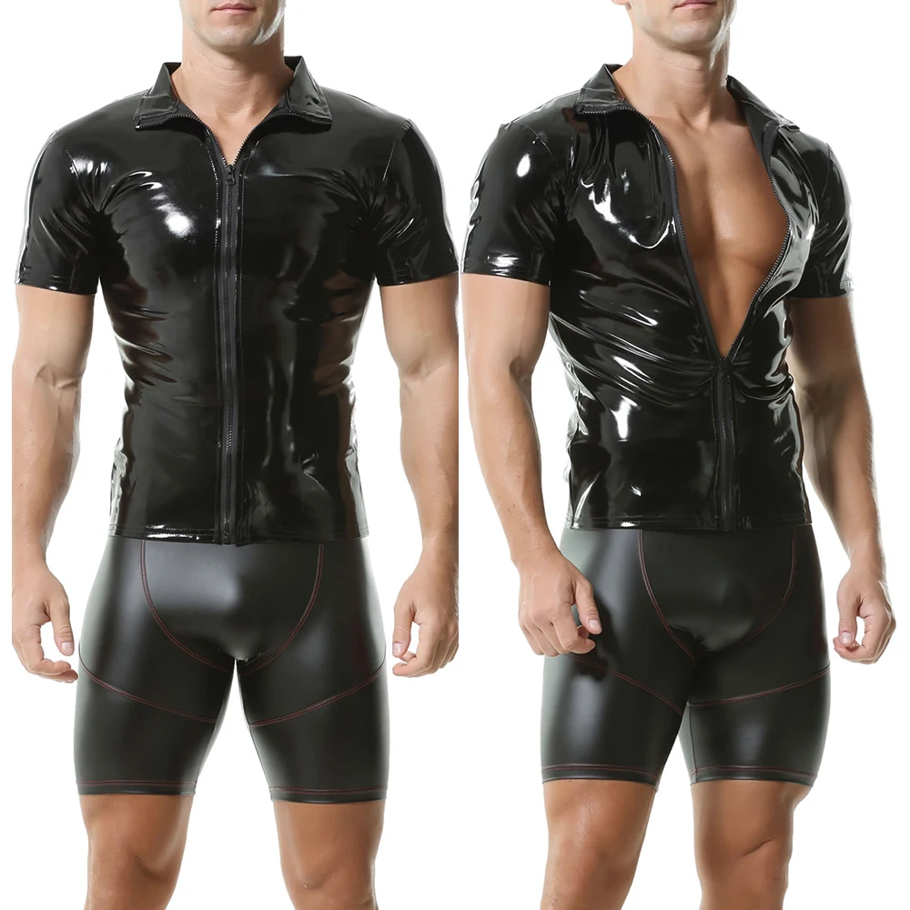 Sexy Men Faux Leather Black T-Shirt Shorts Slim Tight Wetlook Muscle Tops Short Sleeve Tees Latex Leather Nightclub Wear Cosutme