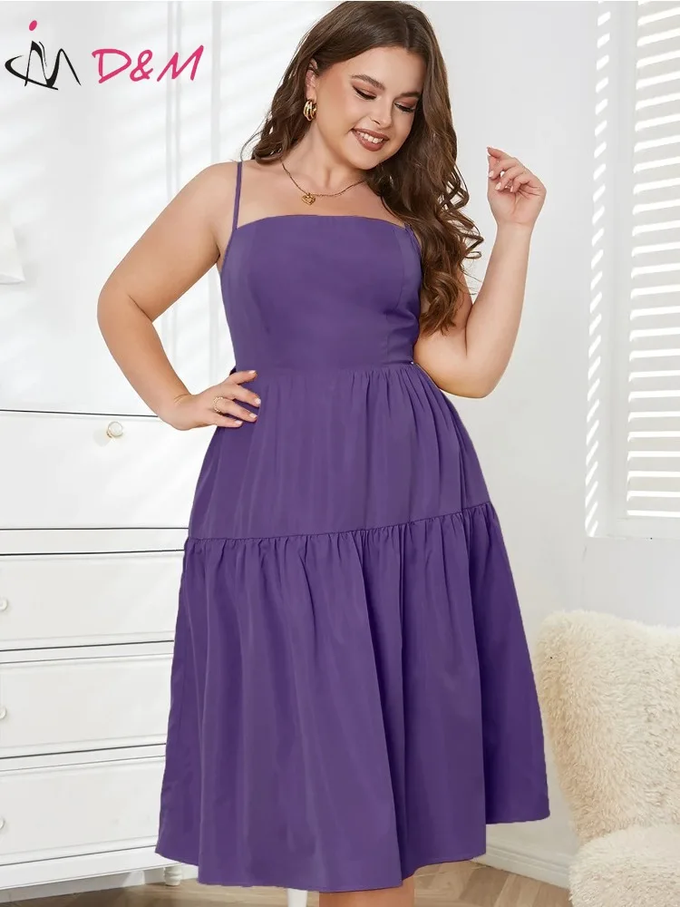 

Plus Size Women Clothing 2024 New Fashion purple Soft Backless Sleeveless Luxury Elegant Knee-length Dresses D&M Brand