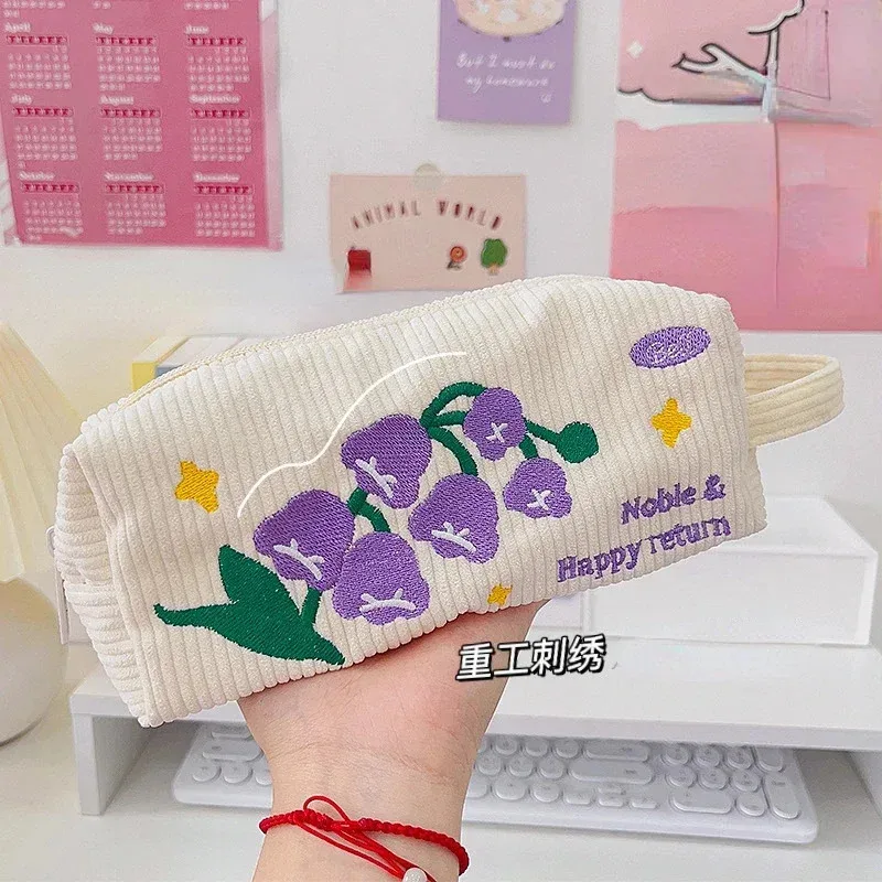 1pc Cute Cartoon Pencil Bag Kawaii Embroidery Floral Pencil Case Large Capacity Cosmetic Storage Bag
